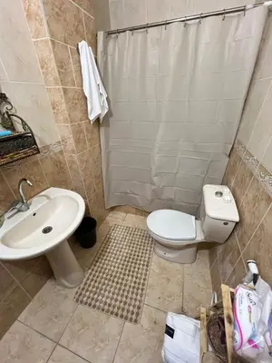 a bathroom with a sink and a toilet and a shower at Jad Apartment in irbid in Irbid