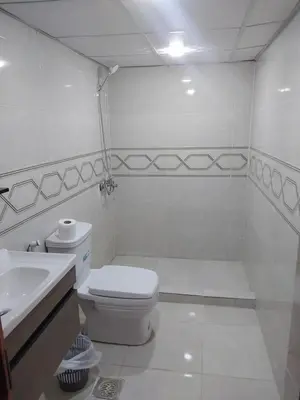 a white bathroom with a toilet and a sink at Essam in Wadi Rum