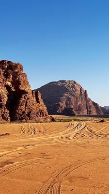 a desert with a mountain in the background at Wadi Rum Royal Camp in Disah