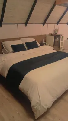a large white bed with blue pillows in a bedroom at منتجع وأكواخ غصن in Al Jafr