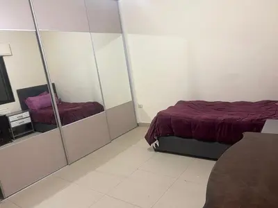 a bedroom with a bed and mirrors in it at Khalda apartment in Amman