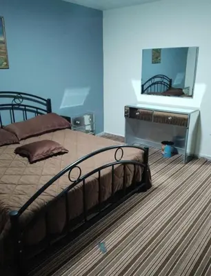 a bedroom with a large bed and a mirror at Royal Homes Jordan in Amman