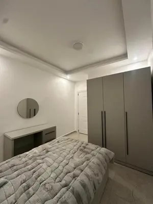 a bedroom with a large bed and a mirror at Furnished Apartment in Bushrá