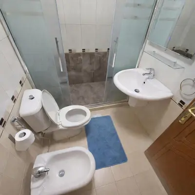 a bathroom with a toilet and a sink and a shower at Mecca Street Cozy Apartment in Amman