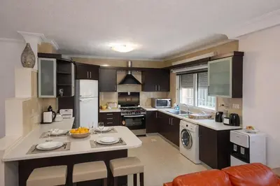 a kitchen with black cabinets and white appliances at Mecca Street Cozy Apartment in Amman