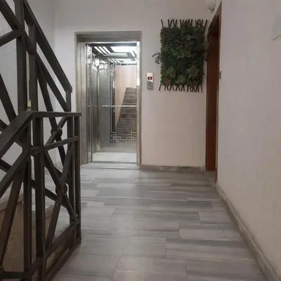 a hallway with a stairway with a plant on the wall at Mecca Street Cozy Apartment in Amman