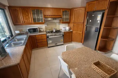 a kitchen with wooden cabinets and a stainless steel refrigerator at Wadi Saqra Family Apartment in Amman