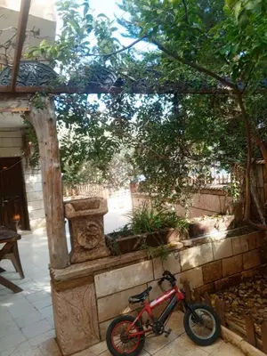 a red bike parked next to a stone wall at Flowers in Jerash