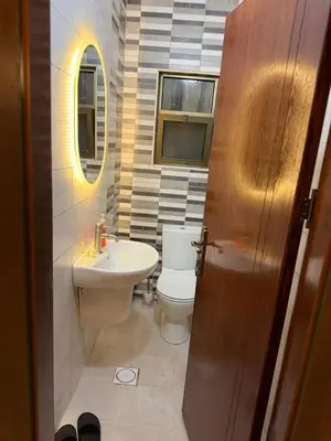 a bathroom with a toilet and a sink and a mirror at 3 bedroom cozy apartment prime location in Irbid in Irbid