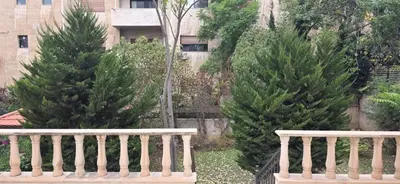 two christmas trees in a yard with a bench at شقة مفروشة فاخرة in Amman