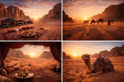 a group of four pictures of a desert with a camel at Wadi Rum Luxury Trend in Wadi Rum