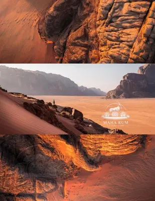 two pictures of a desert with a car on a cliff at MAHA Rum Luxury Camp in Disah