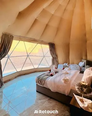 a bedroom with a bed and a swimming pool at Isabella Desert Camp & Tour in Wadi Rum