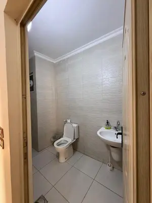 a bathroom with a toilet and a sink at شقة للإيجار في راس منيف - عجلون in Ajloun