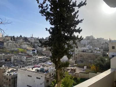 a view of a city with a tree and buildings at Stylish 2BR Apartment, Walkable Jabal Al-Weibdeh in Amman