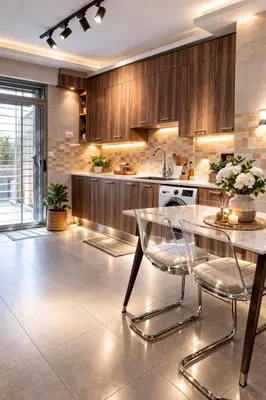 a kitchen with wooden cabinets and a table with chairs at Der Ghbar 3BR - 2 Terraces, Scenic Views & BBQ in Amman