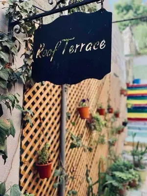 a sign that reads not terrace hanging on a wall with potted plants at Zaman Ya Zaman Boutique Hotel in Amman