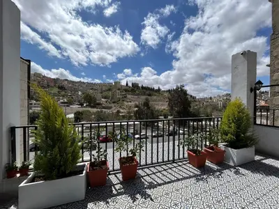 a balcony with potted plants and a view of a city at Zaman Ya Zaman Boutique Hotel in Amman