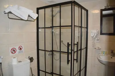 a bathroom with a shower and a toilet and a sink at Olive Hotel Amman in Amman
