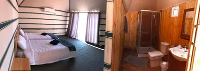 a bedroom with a bed and a bathroom with a shower at Wadi Rum Camp in Wadi Rum