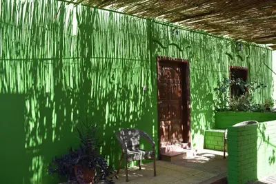 a green wall with a wooden door and a chair at Bedouin Garden Village, hotel Dive in Aqaba