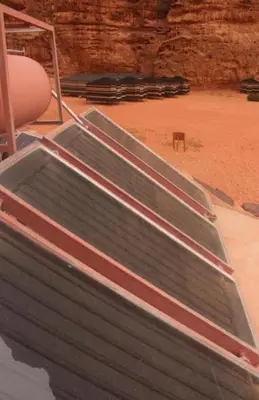 a group of stairs in a desert with a dog at Jordan Tracks Bedouin Camp in Wadi Rum