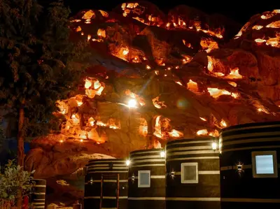 a bunch of barrels sitting in front of a fire at Little Petra Bedouin Camp in Al Ḩayy