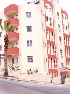 a tall white building with a palm tree in front of it at Sami Apartments in Amman
