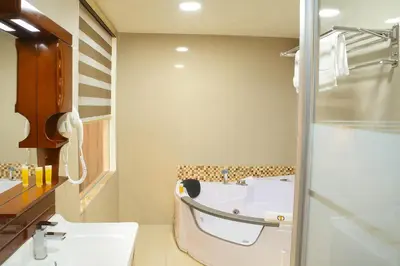 a bathroom with a sink and a shower at Aljamal Hotel in Amman