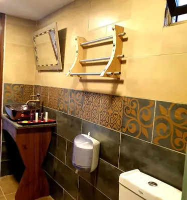 a bathroom with a toilet and a sink and a mirror at Captains Desert Camp in Wadi Rum