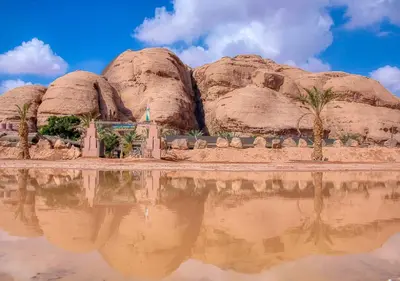 a view of a desert with large rock formations at Captains Desert Camp in Wadi Rum