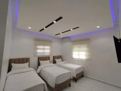 a bedroom with two beds and a flat screen tv at Mussa Spring Hotel in Wadi Musa