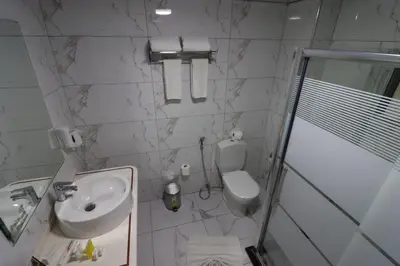 a bathroom with a toilet and a sink and a shower at Larsa Hotel in Amman