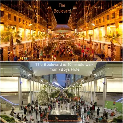 a collage of two pictures of a shopping mall at 7Boys Hotel in Amman