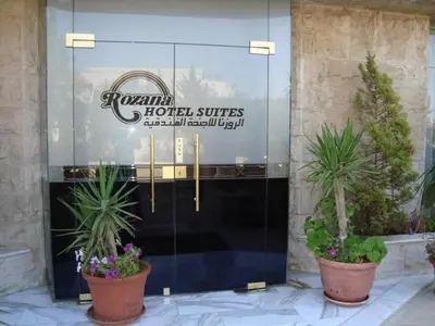 a hotel entrance with two potted plants in front of it at Rozana Hotel in Amman