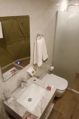 a bathroom with a sink and a toilet and a mirror at Beyond Wadi Rum Camp in Wadi Rum