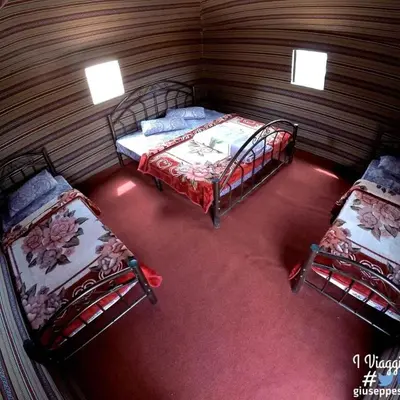 two twin beds in a room with red carpet at Wadi Rum Bedouin Way Camp in Wadi Rum