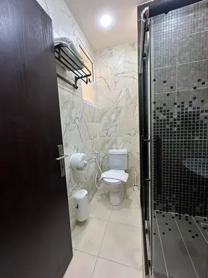 a bathroom with a toilet and a glass shower at Rumman Hotel in Madaba