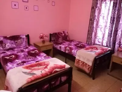 two beds in a room with purple sheets at Cliff Hostel in Amman