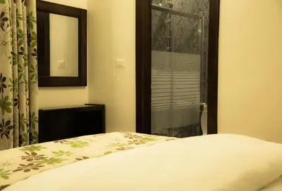 a bedroom with a bed and a mirror and a shower at Shams Alweibdeh Hotel Apartments in Amman