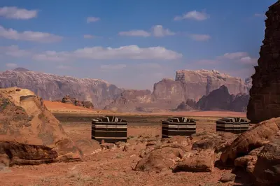 a group of zebras in a desert with mountains at Arabian Nights in Wadi Rum