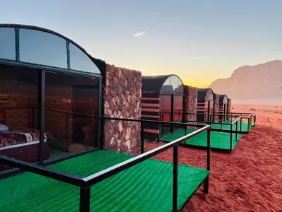 a view of a hotel on the beach at Wadi Rum Shooting Stars Camp in Wadi Rum