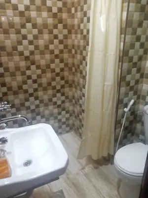 a bathroom with a sink and a toilet and a shower at Al-Houriat Hotel in Amman