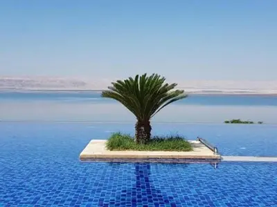 a palm tree on a island in the middle of the water at Apartment Samarah Resort Sea & Pool view D in Sowayma