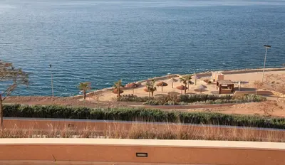 a view of a beach with palm trees and the water at Apartment Samarah Resort Sea & Pool view D in Sowayma
