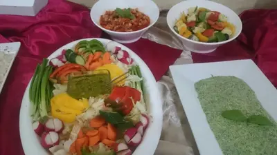 a table with two plates of food and bowls of food at Pilgrim's Guest House in Madaba