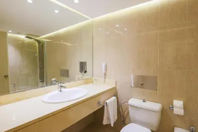 a bathroom with a sink and a toilet and a mirror at Petra Palace Hotel in Wadi Musa