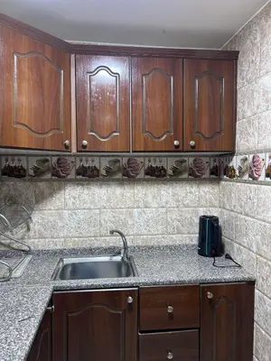 a kitchen with a sink and wooden cabinets at Robou Al Sharq in Amman