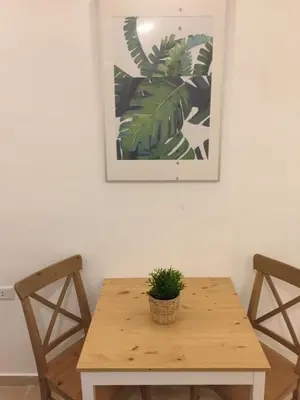a wooden table with a potted plant on top of it at Royal Luxury Apartments & Studios in Amman
