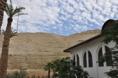 a palm tree and a building in front of a mountain at Russian Pilgrim Residence in Sowayma